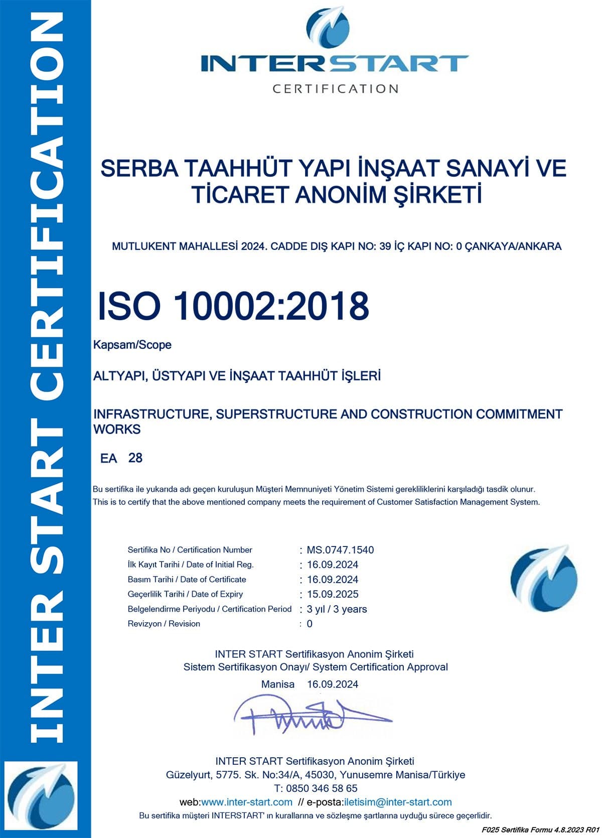 ISO 10002:2018 Customer Satisfaction Management System certificate
