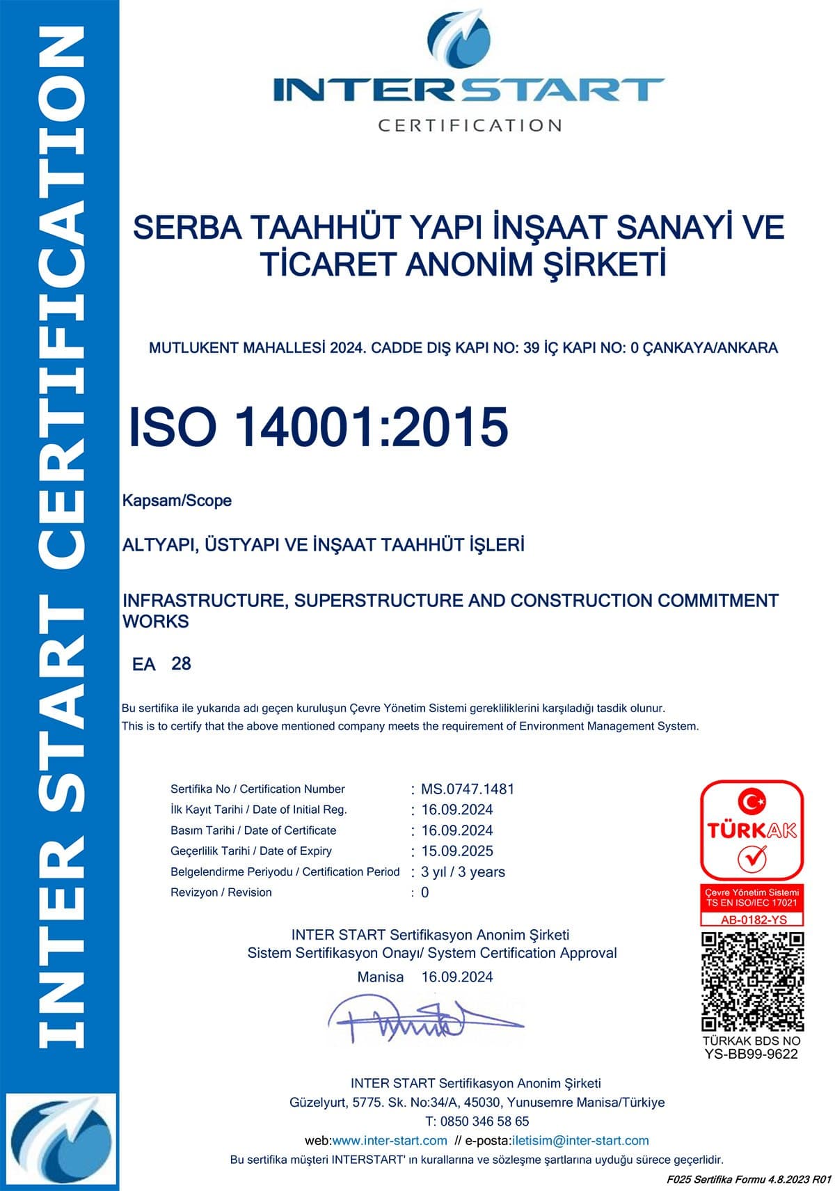 ISO 14001:2015 Environmental Management System certificate