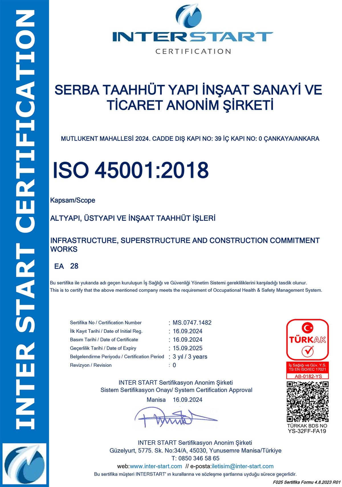 ISO 45001:2018 Occupational Health and Safety Management System certificate