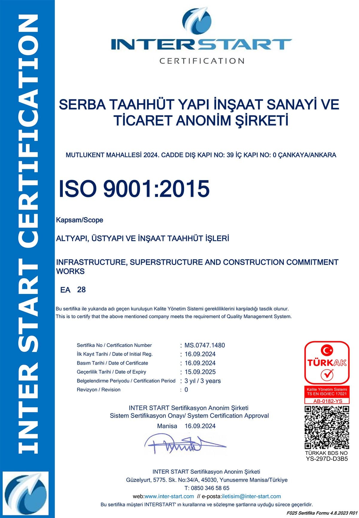 ISO 9001:2015 Quality Management System certificate